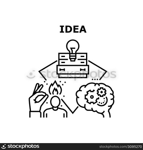 Idea Searching Vector Icon Concept. Businessman Thinking And Idea Searching For Success Startup. Brain Working Process For Creation And Planning Business Or Goal Achievement Black Illustration. Idea Searching Vector Concept Black Illustration