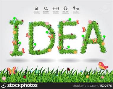 Idea text eco concept with green grass alphabet letters design, Vector illustration modern design template
