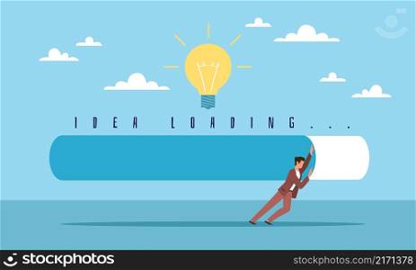 Idea Upload Progress. Businessman pushes load line, light bulb sign, innovation and startup in company, implementation of new strategy, way to success. Vector cartoon flat isolated business concept. Idea Upload Progress. Businessman pushes load line, light bulb sign, innovation and startup in company, implementation of new strategy, way to success. Vector isolated business concept