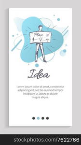 Idea vector, innovations in business, person holding board with steps and plan for achieving of success, monochrome sketch of male abstract. Website or app slider template, landing page flat style. Idea of Businessman, Person with Board Planning