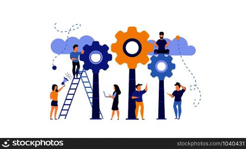 Idea work with gear concept business creative illustration. Man and woman design success innovation team office. Project development banner partnership. Imagination cooperation network process