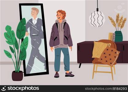 Ideal mirror reflection. Cute young guy dreams of becoming successful businessman. Noble handsome man in formal suit. Confident male. Boys daydreaming. Think about future career. Garish vector concept. Ideal mirror reflection. Young guy dreams of becoming successful businessman. Handsome man in formal suit. Confident male. Boys daydreaming. Think about future career. Garish vector concept
