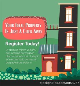 Ideal property click away, register today to rent apartment. Find home to live, agency assisting with search of house. Buy purchase building or dwelling banner. Vector in flat style illustration. Your ideal property is click away, rent apartment