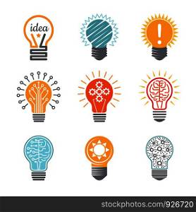 Ideas bulb symbols. Creative tech innovation electrical icon for business logotype vector colorful various templates. Illustration of idea bulb, innovation business logo. Ideas bulb symbols. Creative tech innovation electrical icon for business logotype vector colorful various templates