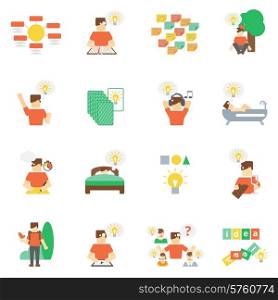 Ideas development creative thinking and imagine icons flat set isolated vector illustration. Ideas Icons Flat Set