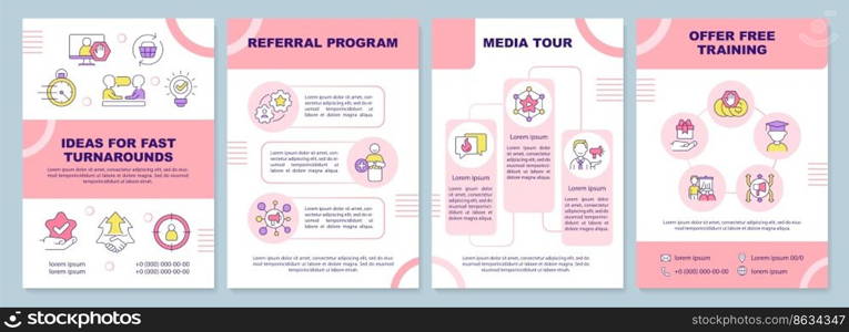 Ideas for fast turnarounds pink brochure template. Marketing. Leaflet design with linear icons. Editable 4 vector layouts for presentation, annual reports. Arial-Black, Myriad Pro-Regular fonts used. Ideas for fast turnarounds pink brochure template