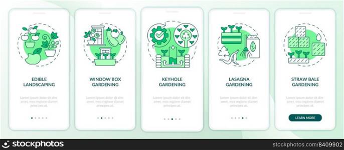 Ideas for gardeners green onboarding mobile app screen. Vegetation walkthrough 5 steps editable graphic instructions with linear concepts. UI, UX, GUI template. Myriad Pro-Bold, Regular fonts used. Ideas for gardeners green onboarding mobile app screen