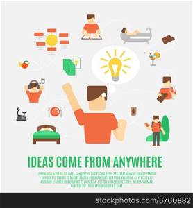 Ideas generating creativity and inspiration concept with flat male figure vector illustration