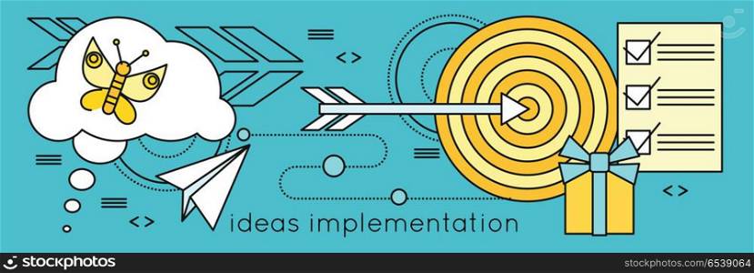 Ideas Implementation Background in Flat. Ideas implementation background in flat. Idea generation, problem solving, strategy solution, analysis innovation, research, brainstorm, good solution, optimization, insight inspiration illustration