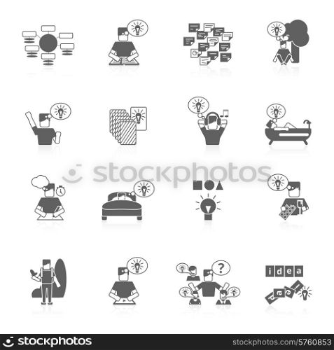Ideas search creative thinking innovation strategy black icons set isolated vector illustration. Ideas Icons Set