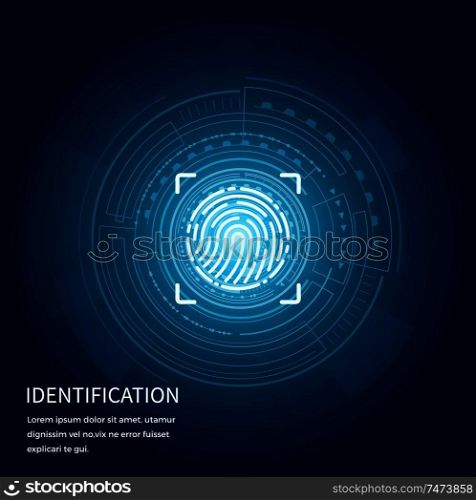 Identification fingerprints poster with text sample vector. Screen with prints for people to access their data. Verification and validation scanning. Identification Fingerprints Poster Text Vector