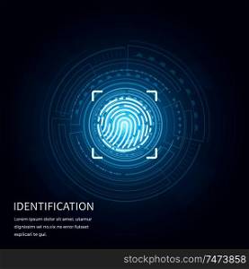 Identification fingerprints poster with text sample vector. Screen with prints for people to access their data. Verification and validation scanning. Identification Fingerprints Poster Text Vector