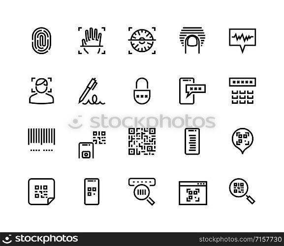 Identification line icons. Biometric sensor, face recognition and fingerprint scanner icons. Vector sign and symbol authentication and access set for different coding systems. Identification line icons. Biometric sensor, face recognition and fingerprint scanner icons. Vector authentication and access set