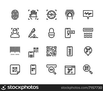 Identification line icons. Biometric sensor, face recognition and fingerprint scanner icons. Vector sign and symbol authentication and access set for different coding systems. Identification line icons. Biometric sensor, face recognition and fingerprint scanner icons. Vector authentication and access set
