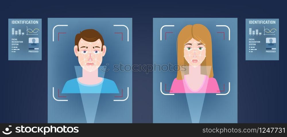 Identification of a biometric person, personality through the intellectual recognition system of a human face, man. Face recognition. Identification of a biometric person, personality through the intellectual recognition system of a human face, man. Computer technology scans the face of a man, man, woman, forming a polygonal mesh, a frame consisting of lines and points. Vector illustration isolated
