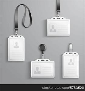 Identification white blank plastic id cards set with clasp and lanyards isolated vector illustration. Identification Cards Set