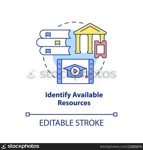 Identify available resources concept icon. Adopting lifelong learning abstract idea thin line illustration. Isolated outline drawing. Editable stroke. Arial, Myriad Pro-Bold fonts used. Identify available resources concept icon