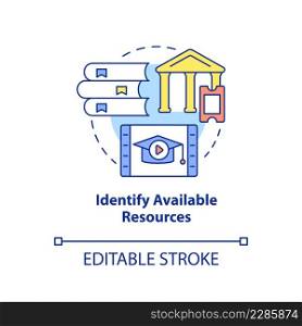 Identify available resources concept icon. Adopting lifelong learning abstract idea thin line illustration. Isolated outline drawing. Editable stroke. Arial, Myriad Pro-Bold fonts used. Identify available resources concept icon