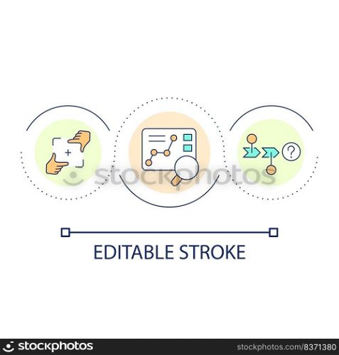 Identify research object loop concept icon. Define what to measure. Solving problem. Find mistakes abstract idea thin line illustration. Isolated outline drawing. Editable stroke. Arial font used . Identify research object loop concept icon