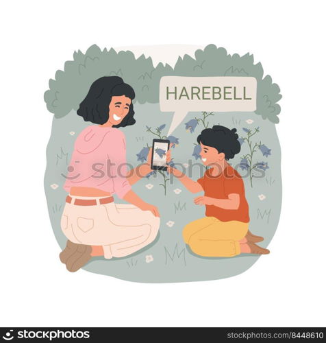 Identify the flora isolated cartoon vector illustration. Mom and child walking in the forest, taking picture of flora with phone, identify plants, natural park, summer activity vector cartoon.. Identify the flora isolated cartoon vector illustration.