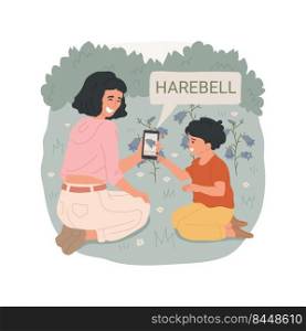 Identify the flora isolated cartoon vector illustration. Mom and child walking in the forest, taking picture of flora with phone, identify plants, natural park, summer activity vector cartoon.. Identify the flora isolated cartoon vector illustration.