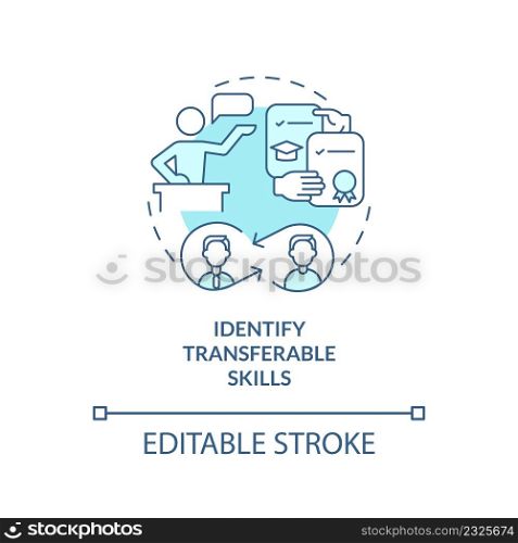 Identify transferable skills turquoise concept icon. What to do about wrong career abstract idea thin line illustration. Isolated outline drawing. Editable stroke. Arial, Myriad Pro-Bold fonts used. Identify transferable skills turquoise concept icon
