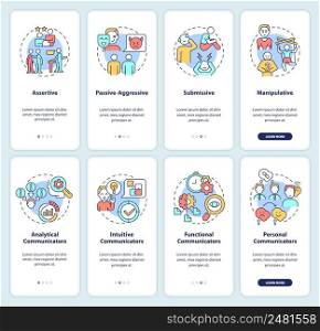 Identifying communication styles onboarding mobile app screen set. Walkthrough 4 steps graphic instructions pages with linear concepts. UI, UX, GUI template. Myriad Pro-Bold, Regular fonts used. Identifying communication styles onboarding mobile app screen set