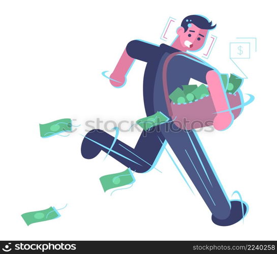 Identifying thief using artificial intelligence semi flat RGB color vector illustration. Robber with money isolated cartoon character on white background. Identifying thief using artificial intelligence semi flat RGB color vector illustration