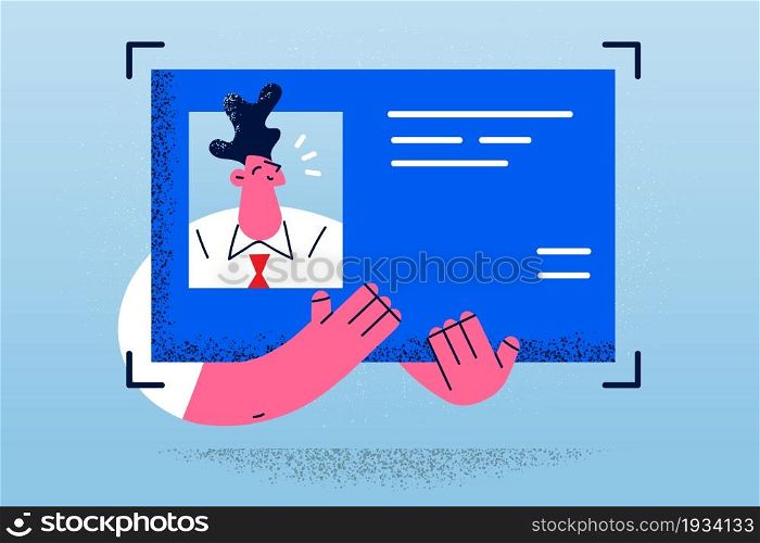 Identity card with photo concept. Smiling man worker cartoon character holding document identification with his face as photo vector illustration . Identity card with photo concept.