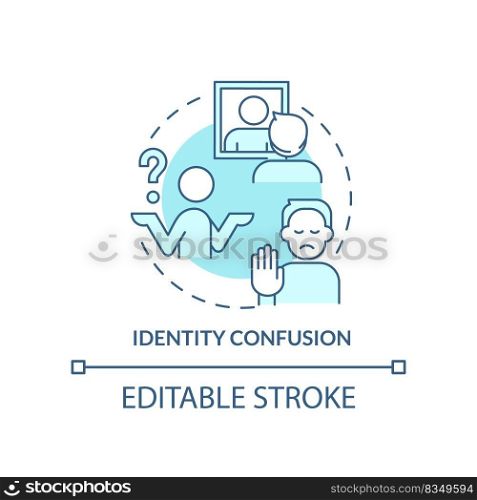 Identity confusion turquoise concept icon. Confused feelings. Stage of coming out abstract idea thin line illustration. Isolated outline drawing. Editable stroke. Arial, Myriad Pro-Bold fonts used. Identity confusion turquoise concept icon