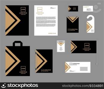 Identity, corporate style. Set of templates for design, vector. Black and gold color, luxury triangle design. Form, notepads, business cards, envelope, flag.