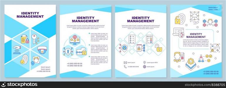 Identity management blue brochure template. User access. Leaflet design with linear icons. Editable 4 vector layouts for presentation, annual reports. Arial-Black, Myriad Pro-Regular fonts used. Identity management blue brochure template