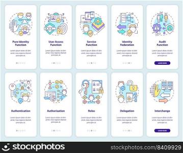 Identity management onboarding mobile app screen set. System walkthrough 5 steps editable graphic instructions with linear concepts. UI, UX, GUI template. Myriad Pro-Bold, Regular fonts used. Identity management onboarding mobile app screen set