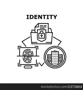 Identity System Vector Icon Concept. Fingerprint Scanning Identity System For Protect Private Information. Security Electronic Technology For Safe Info. Dossier Protection Black Illustration. Identity System Vector Concept Black Illustration