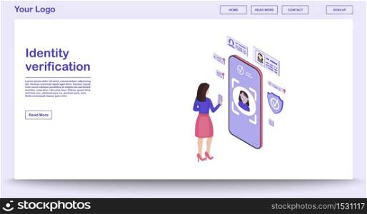 Identity verification webpage vector template with isometric illustration. Biometric identification. Face recognition. Facial ID scanning. Website interface design. Webpage, mobile app 3d concept. Identity verification webpage vector template with isometric illustration
