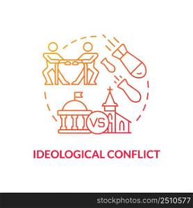Ideological conflict red gradient concept icon. Misunderstanding issues. Lack of international cooperation abstract idea thin line illustration. Isolated outline drawing. Myriad Pro-Bold font used. Ideological conflict red gradient concept icon