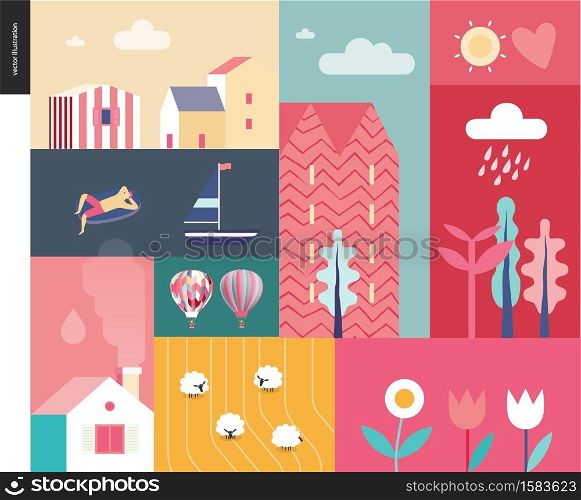 Idillic summer landscape - countryside, town, travel and vacation camp concept - collage of trees, flowers, field with sheep and lake or sea waves with sail boat and resting man on inflatable mattress. Idillic summer landscape collage