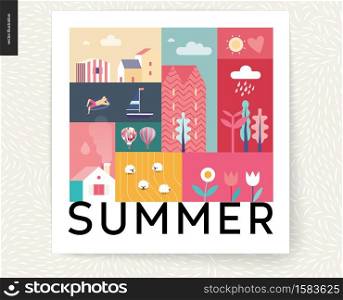 Idillic summer landscape postcard - countryside, town, travel, vacation camp concept - collage of trees, flowers, field with sheep, lake, sea waves, sail boat and resting man on an inflatable mattress. Idillic summer landscape collage