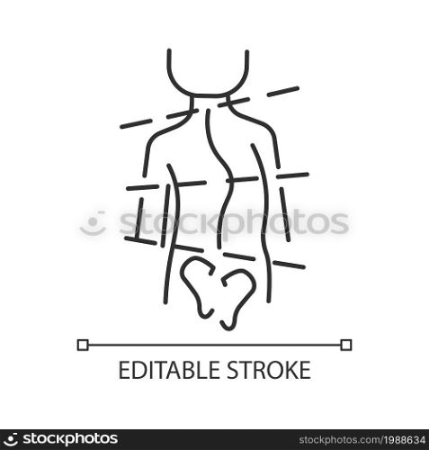 Idiopathic scoliosis linear icon. Spine abnormal curvature. Backbone deformation. Spinal problems. Thin line customizable illustration. Contour symbol. Vector isolated outline drawing. Editable stroke. Idiopathic scoliosis linear icon