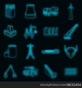 Idustry icons set. Illustration of 16 industry vector icons neon color on black. Industry icons set vector neon