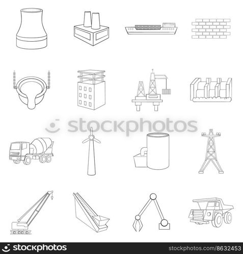 Idustry set icons in outline style isolated on white background. Industry icon set outline