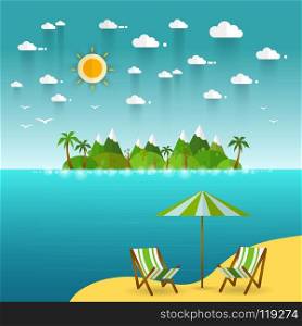 Idyllic paradise coast landscape with mountains. Summer c&vacation concept in flat style design Vector illustration