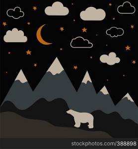 ight mountain landscape with new moon and stars. Baby room wallpaper
