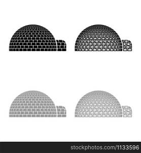 Igloo dwelling with icy cubes blocks Place when live inuits and eskimos Arctic home Dome shape icon outline set black grey color vector illustration flat style simple image. Igloo dwelling with icy cubes blocks Place when live inuits and eskimos Arctic home Dome shape icon outline set black grey color vector illustration flat style image