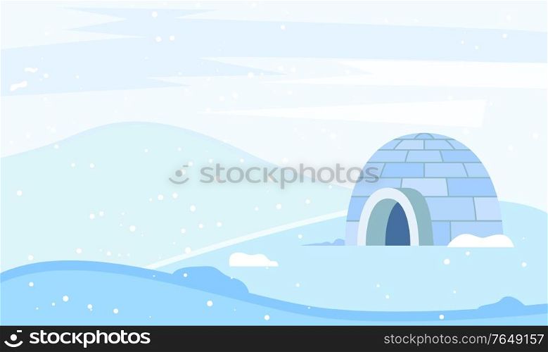 Igloo made from ice bricks by people. Housing for indigenous north families. Snow house or hut single located on ground. Beautiful landscape of circumpolar places. Vector illustration in flat style. Igloo Building for North People, Housing on Nature