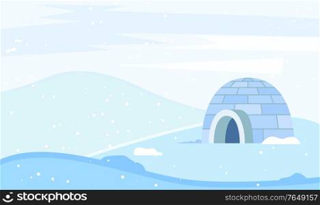 Igloo made from ice bricks by people. Housing for indigenous north families. Snow house or hut single located on ground. Beautiful landscape of circumpolar places. Vector illustration in flat style. Igloo Building for North People, Housing on Nature