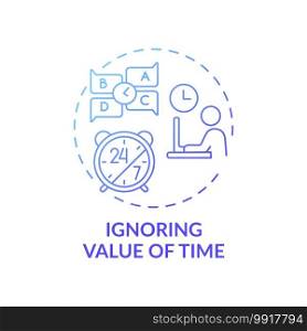 Ignoring time value concept icon. Time-management problem idea thin line illustration. Missing deadlines entirely. Not adapting at prioritizing tasks. Vector isolated outline RGB color drawing. Ignoring time value concept icon