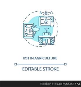 IIoT in agriculture concept icon. Industry 4.0 idea thin line illustration. Monitoring crop field in real-time. Farming practices. Vector isolated outline RGB color drawing. Editable stroke. IIoT in agriculture concept icon