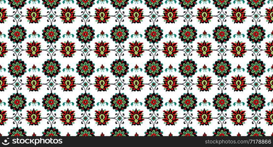 Ikat folklore ornament with floral motif. Vector seamless pattern design