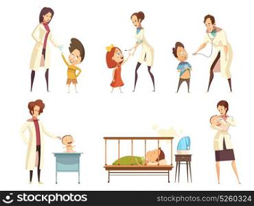 Ill Children Hospital Treatment Cartoon Set . Ill babies children patients treatment in hospital retro cartoon situations icons set with nurses isolated vector illustration